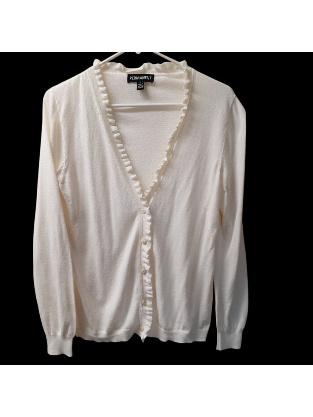 Womens Cardigan Large Ivory Button Front Ruffled V-Neck Long Sleeve by Permanent